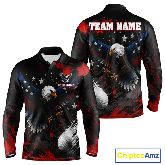 Front and back view of Red White Blue American flag eagle mens long sleeve golf polo shirt with personalized name