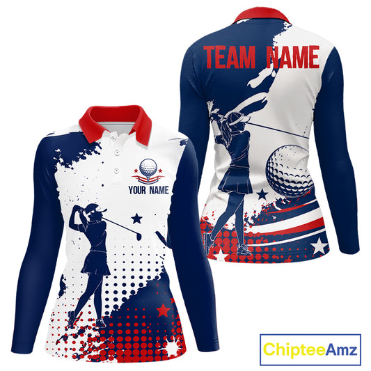 Front view of womens golf polo shirt American flag patriotic custom name white with personalized name