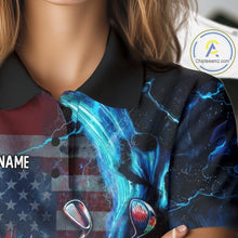 Load image into Gallery viewer, Close-up of American flag graphic on womens black golf polo shirt