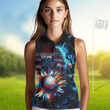 Load image into Gallery viewer, Woman wearing custom sleeveless golf polo black American Flag patriotic - golf course patriotic outfit