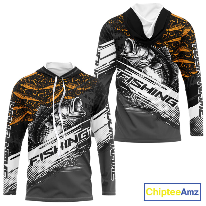 Personalized Bass Fishing Hood Long Sleeve UV Protection Custom Black & Yellow Shirts, Bass Tournament Jerseys NBT359