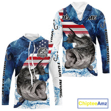 Load image into Gallery viewer, Blue Camo Bass Fishing American Flag Fishing Shirt, Bass Fishing Shirts Long Sleeve with Hood NBT458