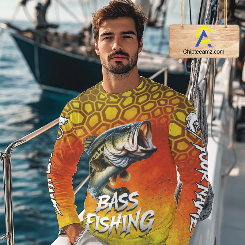 Personalized Bass Fishing Long Sleeve Fishing Shirt Yellow Camo, Bass Fishing Shirts NBT459