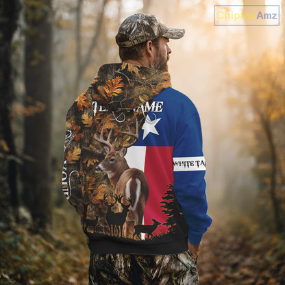 Texas Flag Fall Camo Whitetail Deer Hunting Hoodie, Longsleeve Shirt - Personalized Name Option NBT12