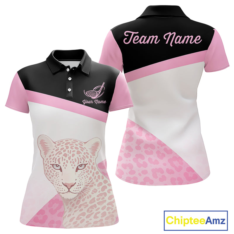 Leopard Womens Golf Polo Shirt Custom Pink Leopard Pattern Team Golf Tops, Golf Gifts NBT588
