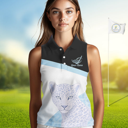 Leopard Womens Sleeveless Golf Polo Shirt Custom Blue Leopard Pattern Team Golf Tops, Golf Gifts NBT591