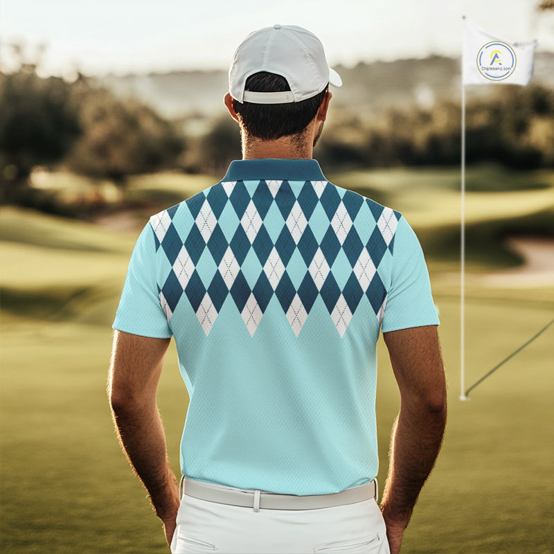 Blue Argyle Plaid Pattern Mens Golf Polo Shirt Custom Golf Polo Shirt For Men, Golfing Gifts NBT593