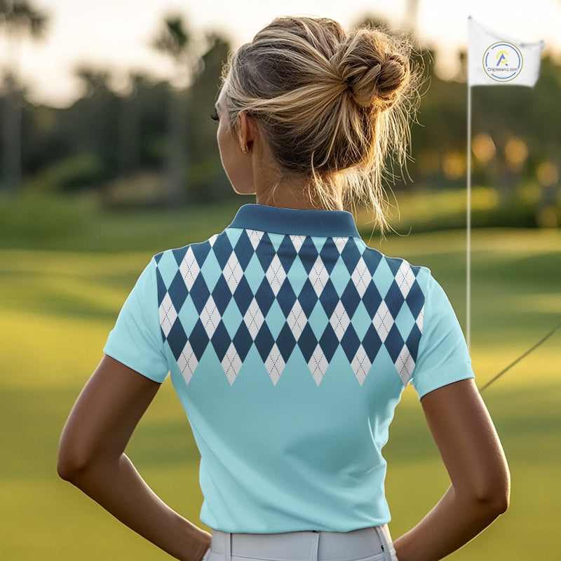 Blue Argyle Plaid Pattern Womens Golf Polo Shirt Custom Golf Polo Shirt For Ladies, Golfing Gifts NBT593