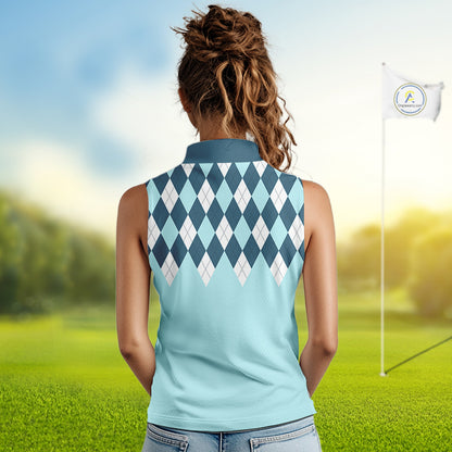 Blue Argyle Plaid Pattern Womens Sleeveless Golf Polo Shirt Custom Golf Polo Shirt For Ladies, Golfing Gifts NBT593