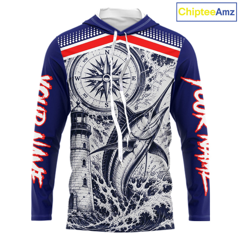 Front view of personalized Marlin blue long sleeve hooded performance fishing shirt with compass design