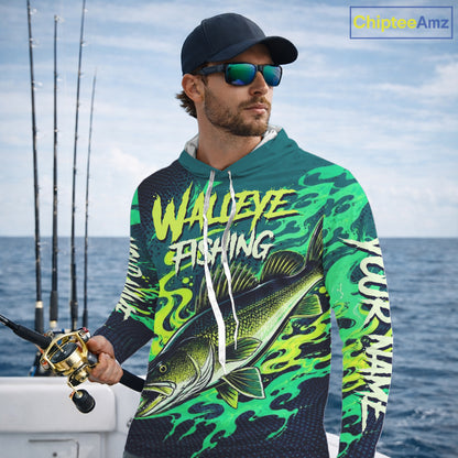Angler wearing custom Walleye fishing green camo long sleeve hooded fishing shirt on the boat
