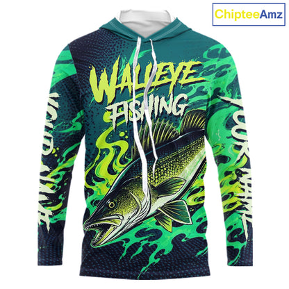 Front view of custom Walleye fishing green camo long sleeve hooded fishing shirt with personalized name