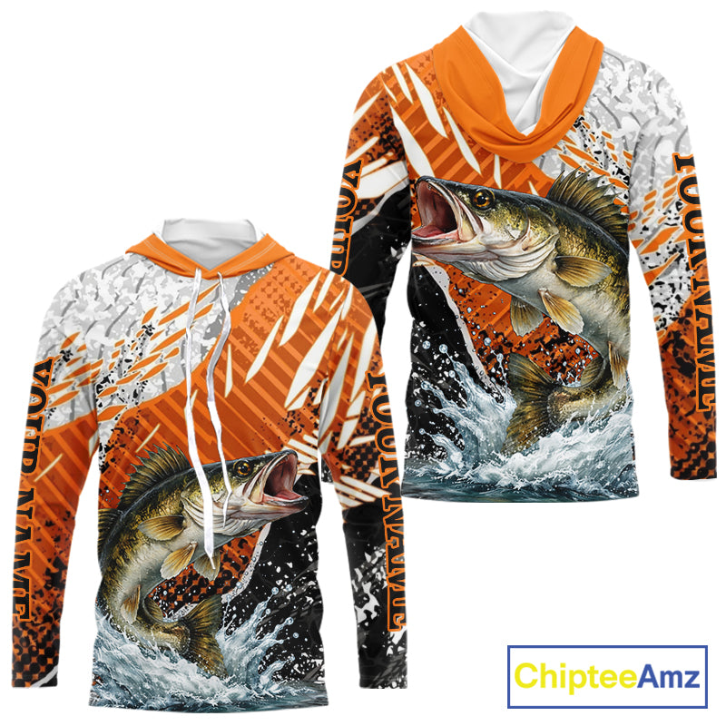 Walleye Fishing Shirt Long Sleeve Hooded Orange Camo, Persionalized Walleye Fishing Jerseys NBT406