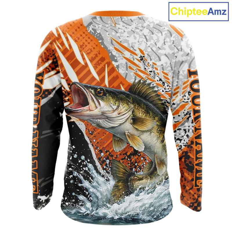 Walleye Fishing Shirts Long Sleeve Orange Camo, Personalized Walleye Fishing Jerseys NBT406