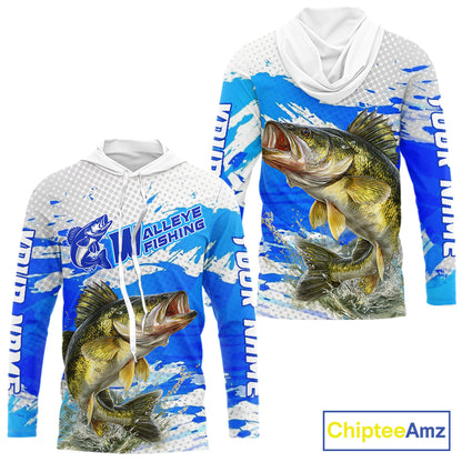 Blue Camo Walleye Fishing Shirt Long Sleeve Hooded, Walleye Fishing Jerseys NBT407