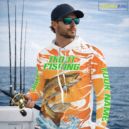 Big Brown Trout Fishing Shirt Long Sleeve Hooded Orange Camo Custom Name, Tournament Fishing Jerseys NBT410
