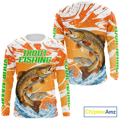 Big Brown Trout Fishing Shirts Long Sleeve Orange Camo Custom Name, Tournament Fishing Jerseys NBT410
