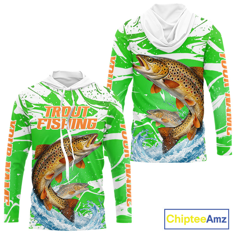 Big Brown Trout Fishing Shirt Long Sleeve Hooded Green Camo Custom Name, Tournament Fishing Jerseys NBT411