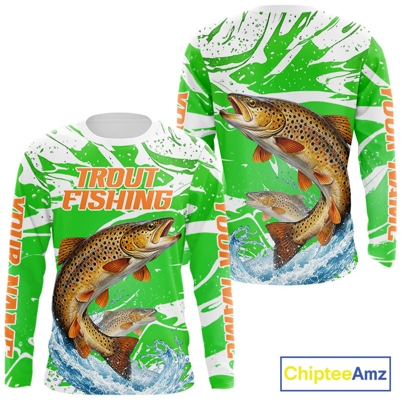 Big Brown Trout Fishing Shirts Long Sleeve Green Camo Custom Name, Tournament Fishing Jerseys NBT411