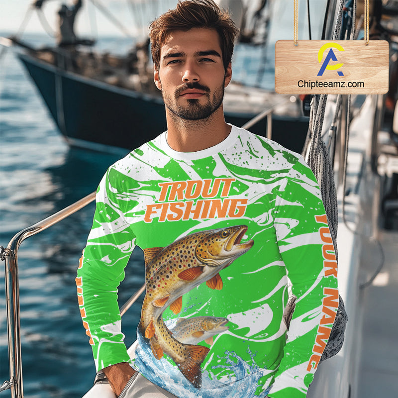 Big Brown Trout Fishing Shirts Long Sleeve Green Camo Custom Name, Tournament Fishing Jerseys NBT411