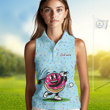 Load image into Gallery viewer, Funny Pink Donut Sleeveless Golf Polo Shirts For Womens, Golf Polo Shirts Custom Donut Pattern, Funny Golf Shirts NBT607