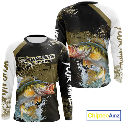 Green Camo Custom Walleye Fishing Shirts Long Sleeve, Walleye Fishing Jerseys NBT413