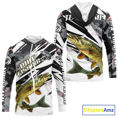 Gray Camo Pike Fishing Jerseys For Men, Custom Pike Fishing Shirt Long Sleeve Hooded NBT415