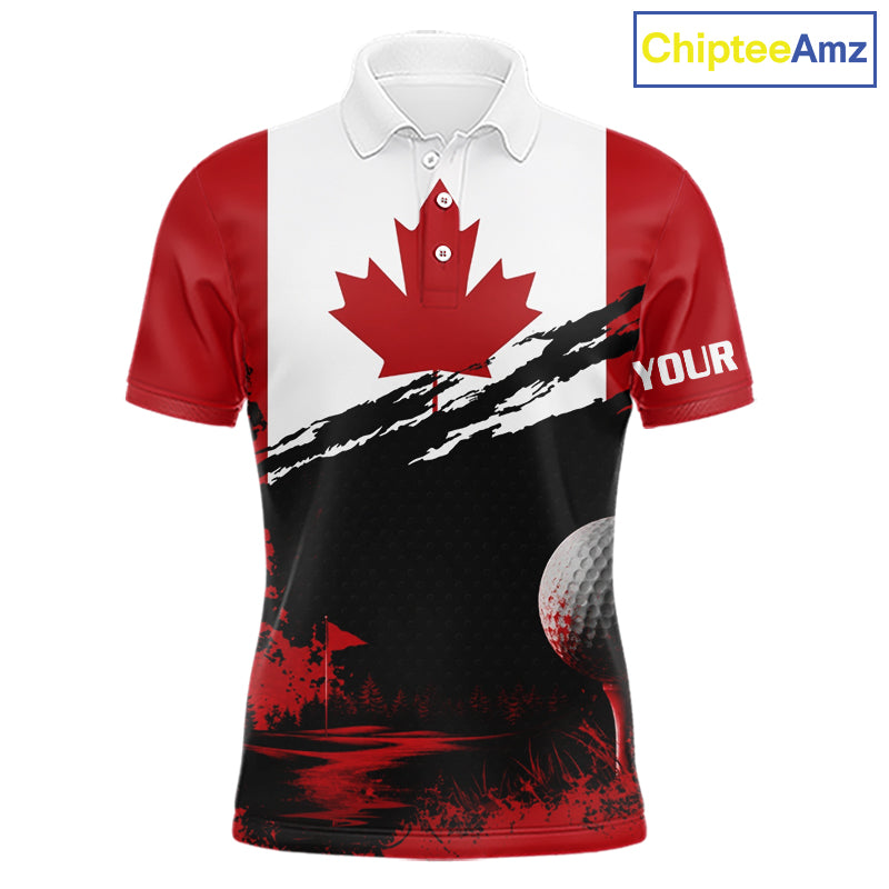 Canada Flag Patriotic Mens Golf Polo Shirt front view - red white Canada flag design, breathable polyester fabric, short sleeve Polo tailored fit, custom name shirt