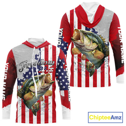 Freedom 250 Bass Long Sleeve Hooded Fishing Shirts American Flag Fishing, Custom Bass Shirts With US Flag NBT374