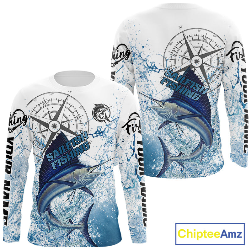 Custom Sailfish Long Sleeve Fishing Shirts Saltwater Fish, Compass Offshore Tournament Fishing Shirts NBT375