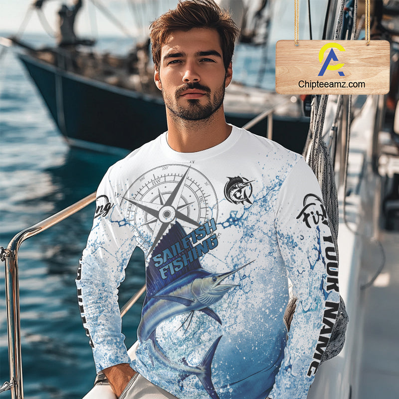 Custom Sailfish Long Sleeve Fishing Shirts Saltwater Fish, Compass Offshore Tournament Fishing Shirts NBT375