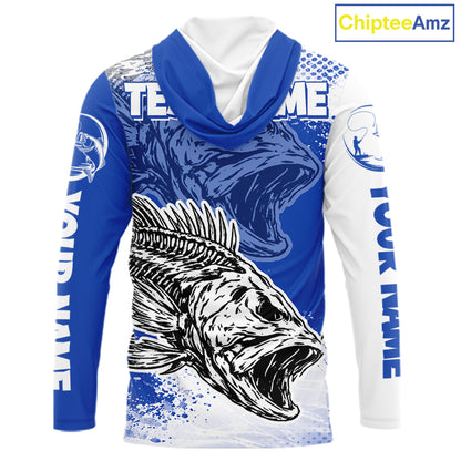 Blue Camo Bass Fishing Jerseys For Fishing Team, Bass Skeleton Fishing Shirts Long Sleeve Hooded NBT418