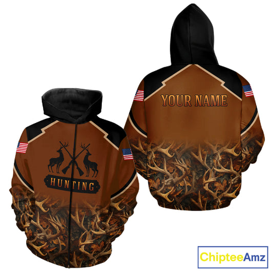 Brown Camo Deer Hunting American Flag 3D All Over Printed Shirt for Men NBT223