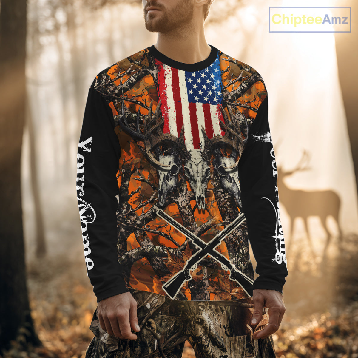 Custom Orange Camo US Flag Rifle Personalized Hunting Shirts, Deer Hunting Clothes NBT282