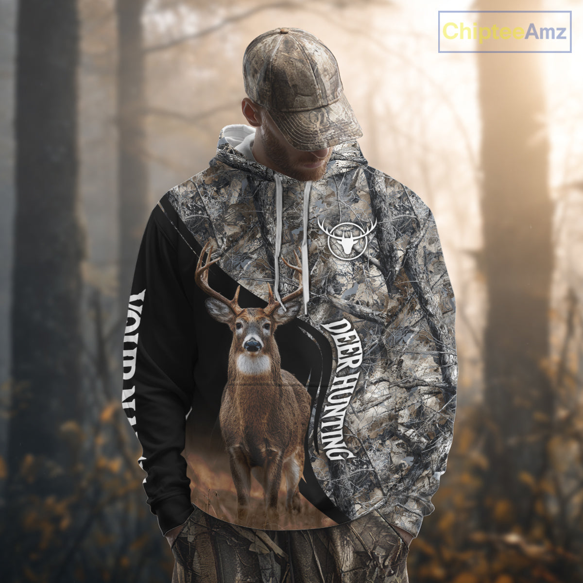 Winter Whitetail Deer Camo Customize Name 3D All Over Printed Long Sleeve Hunting Shirts for Men NBT332
