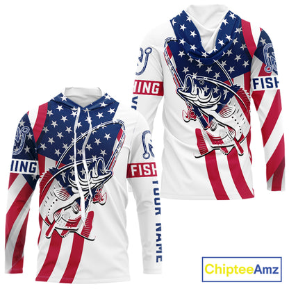 Hooded Bass Fishing American Flag Fishing Tournament Shirts, Personalized Bass Long Sleeve Fishing Jerseys NBT485