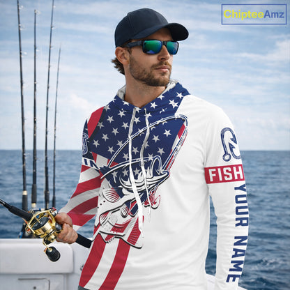 Hooded Bass Fishing American Flag Fishing Tournament Shirts, Personalized Bass Long Sleeve Fishing Jerseys NBT485