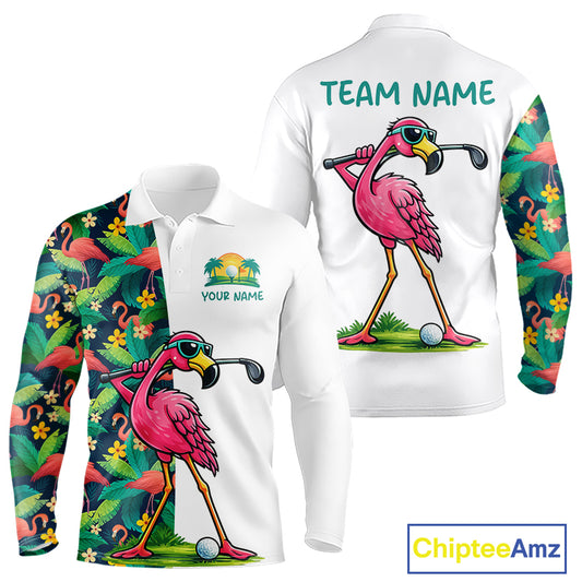 Funny Flamingo Mens Golf Polo Shirts Colorful Tropical Flamingo Custom Name, Golf Gifts  NBT487