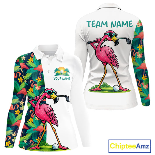 Funny Flamingo Womens Golf Polo Shirts Colorful Tropical Flamingo Custom Name, Golf Gifts  NBT487