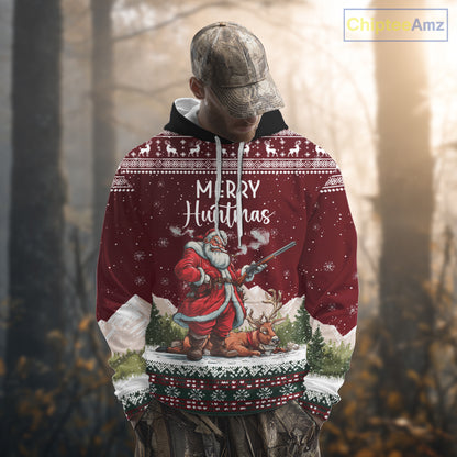 Funny Ugly Pattern Santa Deer Hunting Customized Name All Over Print Shirts for Hunter NBT283