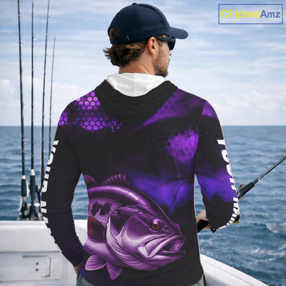 Purple Largemouth Bass Long Sleeve Hooded Fishing Shirts, Custom Big Bass Fishing Jerseys NBT379
