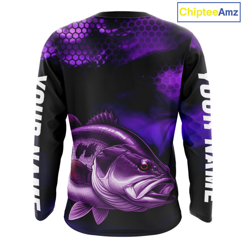 Purple Largemouth Bass Long Sleeve Fishing Shirts, Custom Big Bass Fishing Jerseys NBT379