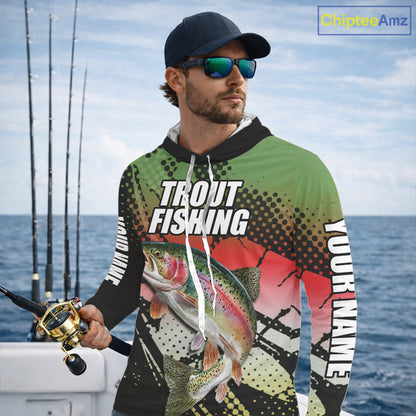 Rainbow Trout Fishing Shirt Long Sleeve Hooded Custom Name, Fishing Team Shirts NBT426