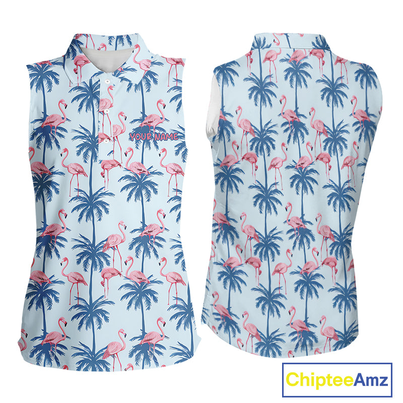 Flamingo Tropical Palm Tree Womens Sleeveless Golf Polo Shirt, Custom Matching Girl Polo Team, Golf Gifts For Ladies NBT494
