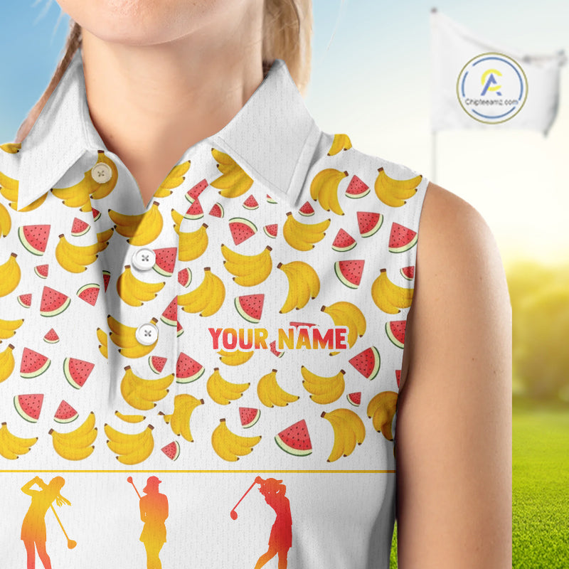 Funny Watermelon Banana Womens Sleeveless Golf Polo Shirts Custom Name Neon Print, Golf Shirt For Women NBT501