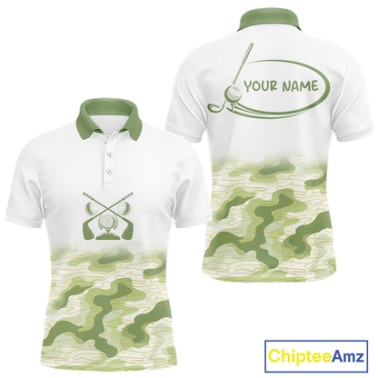 Green And White Camo Mens Golf Polo Shirts Customized Camouflage Golf Shirts For Men, Golfer Gifts NBT510