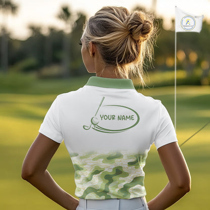 Green And White Camo Womens Golf Polo Shirts Customized Camouflage Golf Shirts For Ladies, Golfer Gifts NBT510
