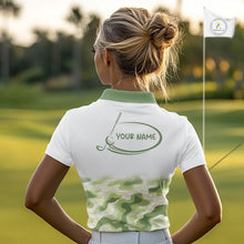 Load image into Gallery viewer, Green And White Camo Womens Golf Polo Shirts Customized Camouflage Golf Shirts For Ladies, Golfer Gifts NBT510