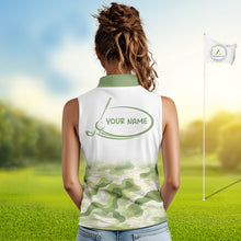 Load image into Gallery viewer, Green And White Camo Womens Sleeveless Golf Polo Shirts Customized Camouflage Golf Shirts For Women, Golfer Gifts NBT510