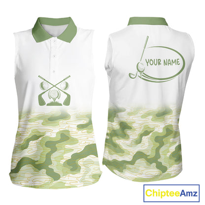 Green And White Camo Womens Sleeveless Golf Polo Shirts Customized Camouflage Golf Shirts For Women, Golfer Gifts NBT510